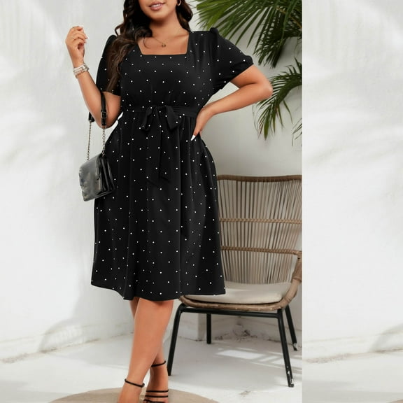 Blmnix Mini Valentine Party Dresses for Women Plus Size Elegant Tent Dress Short Sleeve Square Neckline Black Women' s Dress,XXL