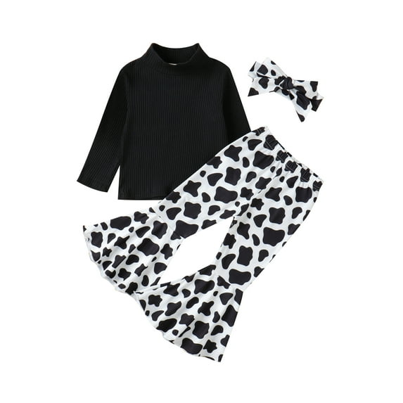 Toddler Girls Autumn Outfit Sets Solid Color Tops + Leopard/Cow Head/Floral/Striped Pants + Headband