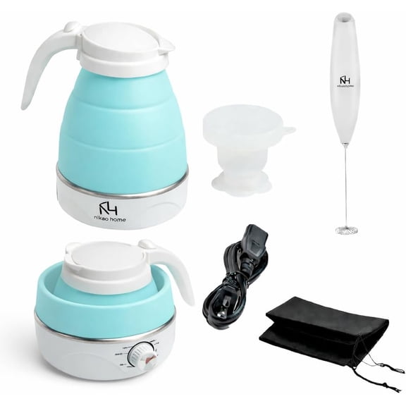Nikao Home Foldable Electric Kettle With Milk Frother and Foldable Cup  Travel kettle, Portable Tea Kettle for Travel, Mini Collapsible Water Warmer, Compact Design and Quick Heating. (Aqua Blue)