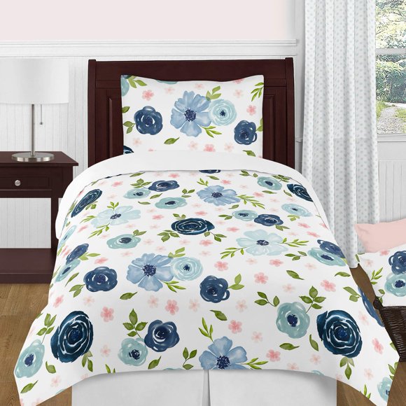Sweet Jojo Designs Navy Blue and Pink Watercolor Floral Girl Twin Size Kid Childrens Bedding Comforter Set - 4 Pieces - Blush, Green and White Shabby Chic Rose Flower