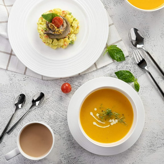 Infinity Bone China Dinnerware Set - 16 Piece Round Set with Soup Bowls, Dinner Plates, and Salad Plates