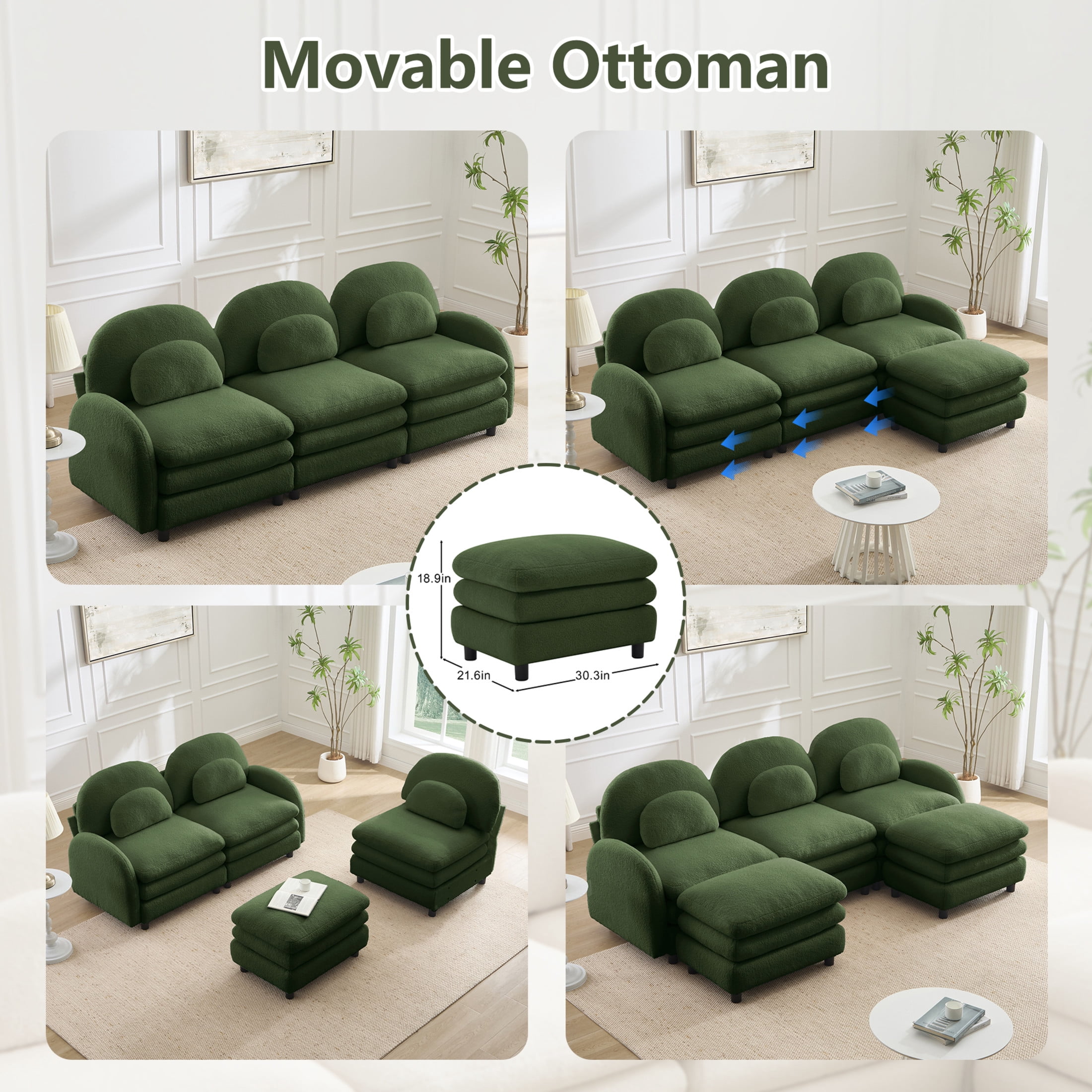 Noble House Windsor Teddy Fabric 4-Seater Sectional Sofa, Modular Cloud Couch with Ottoman and Lumbar Pillows, Green