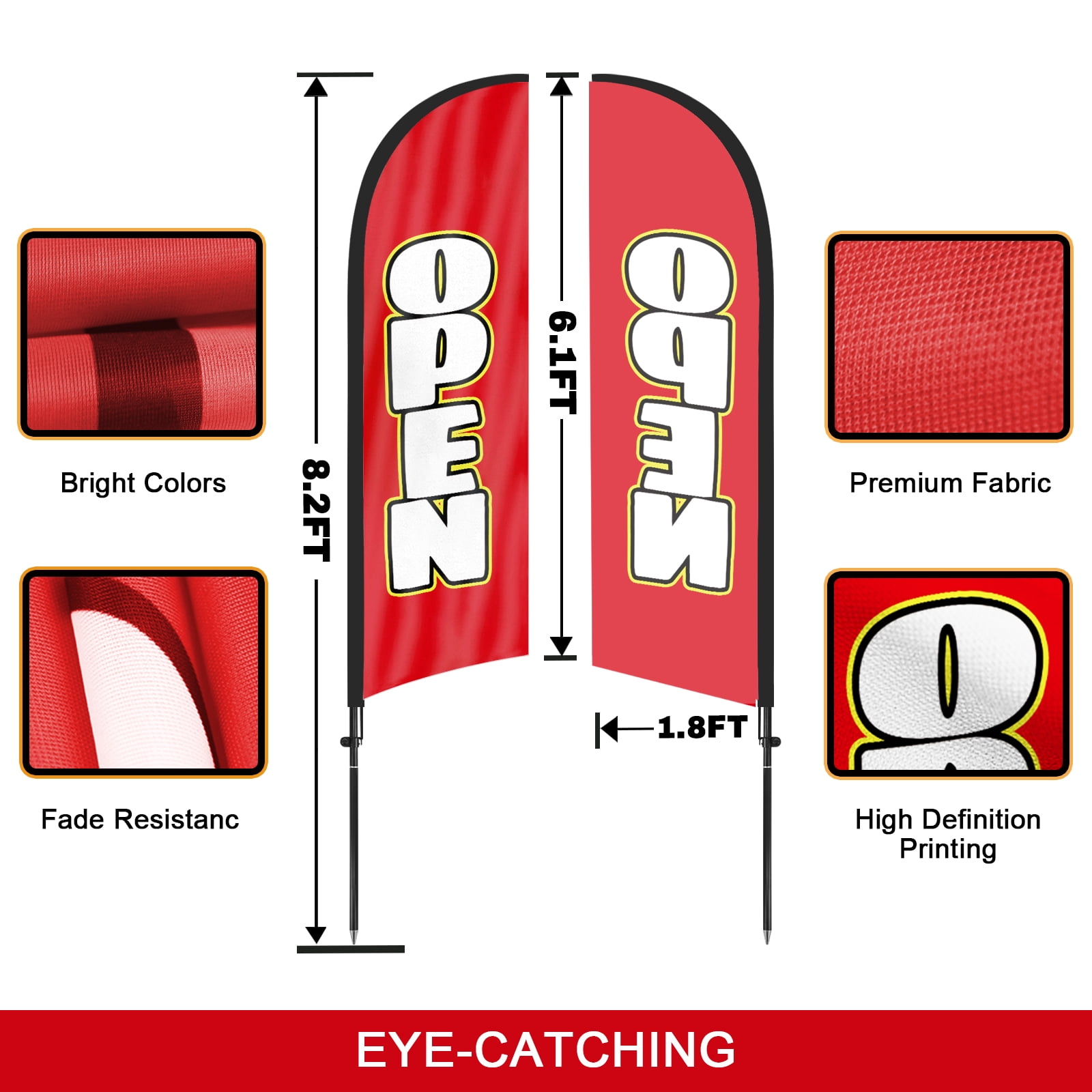 QSUM Open Feather Flag with Flag Pole Kit and Ground Spike, 8.2FT Open Windless Flag Banner Sign Business for Outdoor Advertising Sign Decoration Display(Red&White)