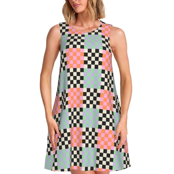 Balery Colorful Checkered Vestidos de verano para mujer con estampado: vestido holgado sin mangas, vestido playero informal y cómodo para días calurosos.