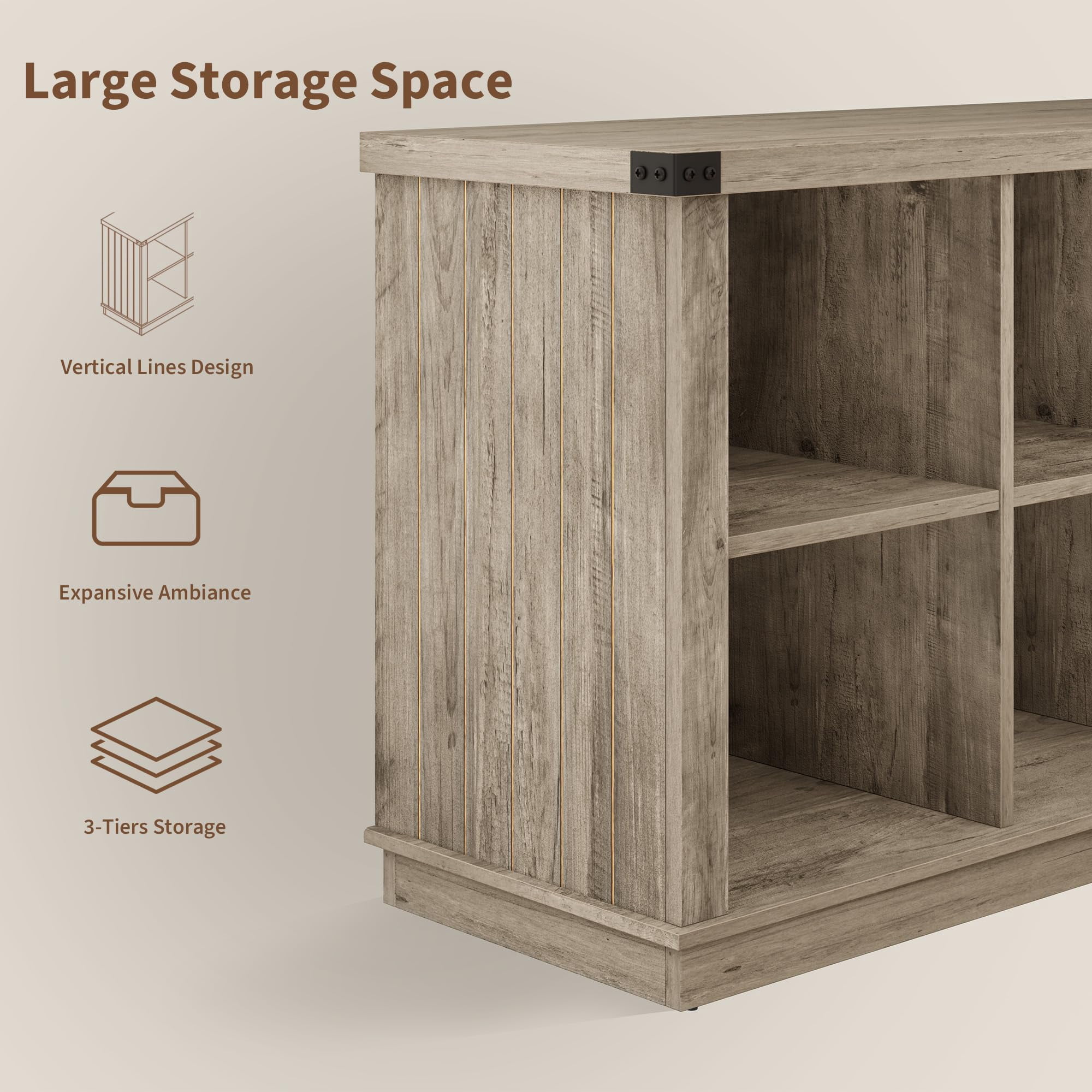 Ataucjin 8 Cube Storage Organizer Bookshelf,3 Tier Farmhouse Horizontal Bookcase,62 Inch Wood Storage Bookcase for Entryway, Long Low Bookshelves for Living Room