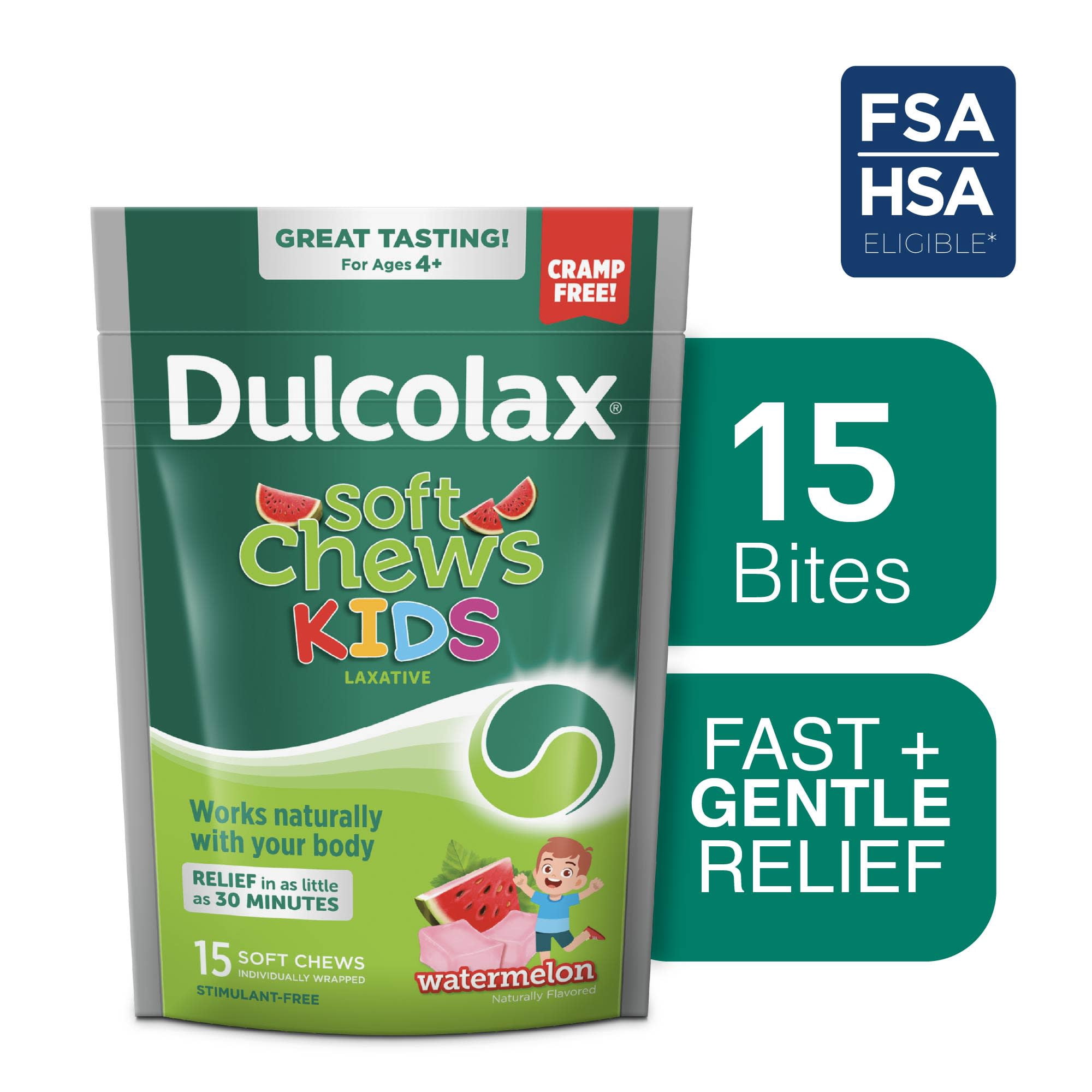 Dulcolax Kids Soft Chews Saline Laxative Watermelon Gentle Constipation Relief, Magnesium Hydroxide 1200mg, 15ct