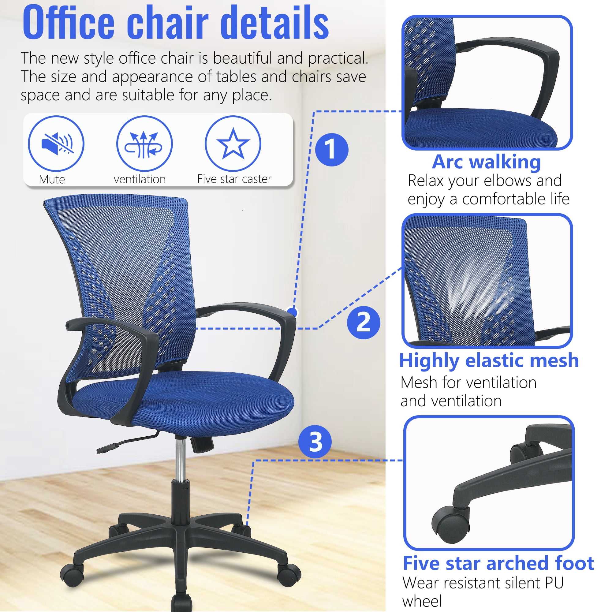 FDW Ergonomic Home Office Chair, Lumbar Support, Rolling Swivel for Women(Blue)