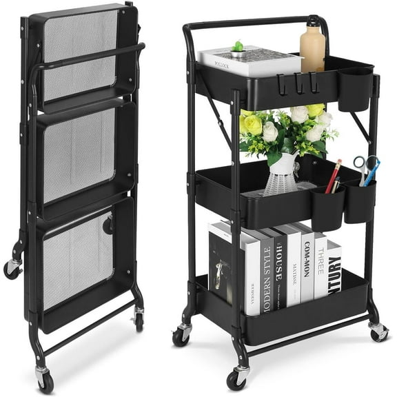Foldable 3 Tier Metal Utility Rolling Cart, Folding Mobile Multi-Function Storage Trolley Organizer Cart for Home Library Office(Black)