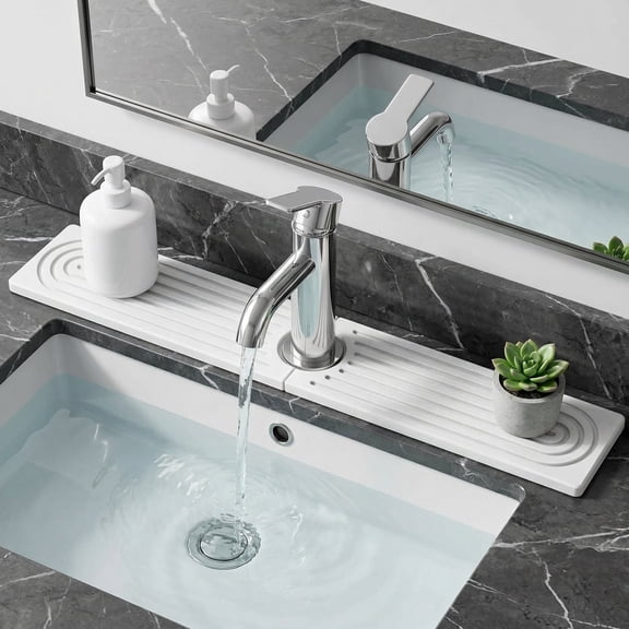 Diatomite Fast Drying Faucet Mat for Kitchen Sink, Water Absorbing Stone Tray, Faucet Splash Guard for Bathroom Counter, White, 23.6" x 4"