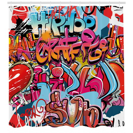 Graphic Shower Curtain, Hip Hop Street Culture Harlem New York City Wall Graffiti Art Spray Artwork Image, Fabric Bathroom Set with Hooks, Multicolor, by