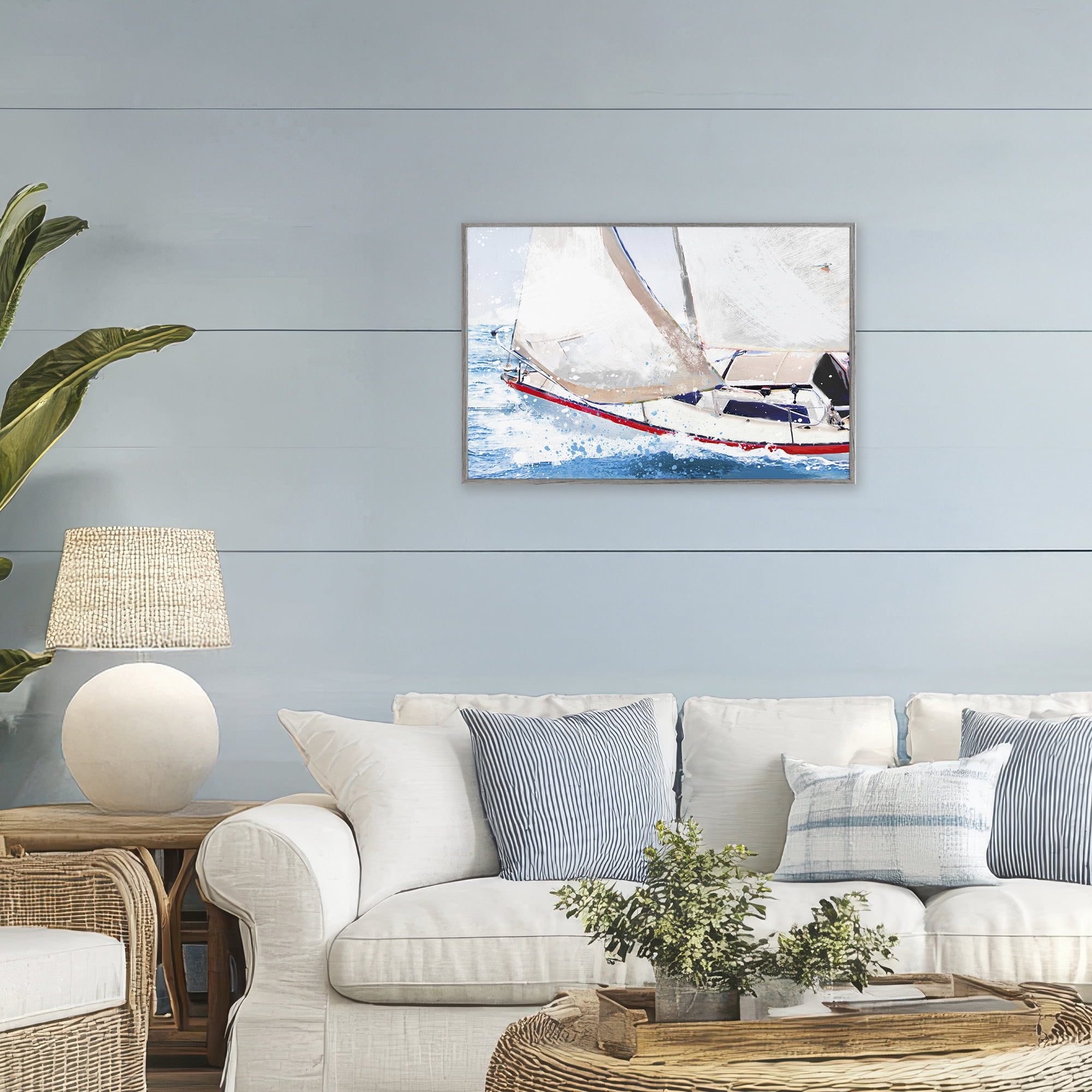 Stupell Industries Sailboat Racing Through Blue Waves Gray Framed Giclee Art, design by Porter Hastings