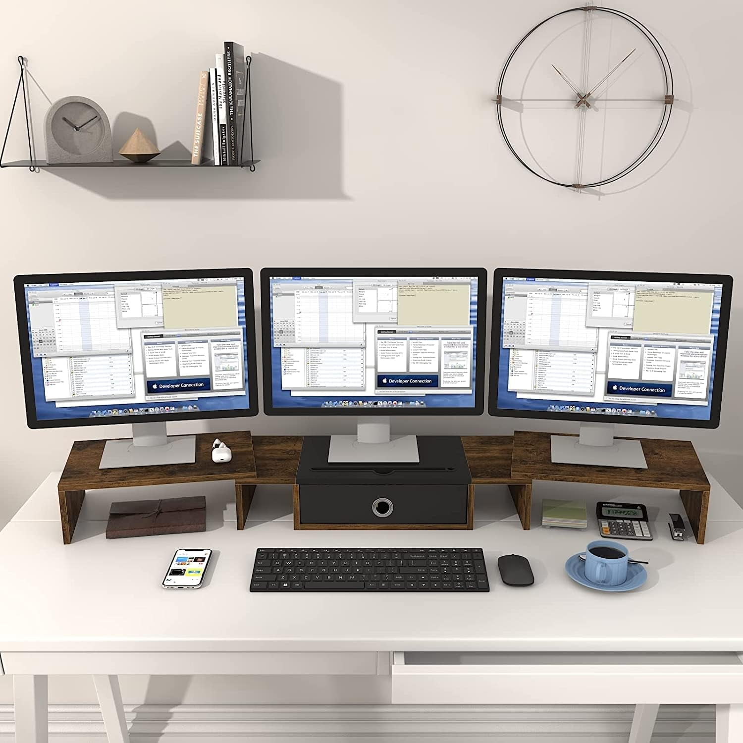 Triple Dual Monitor Stand Riser with Drawer  Large Adjustable for 2~3 Monitors Solt for Phone Tablet Desktop Organizer