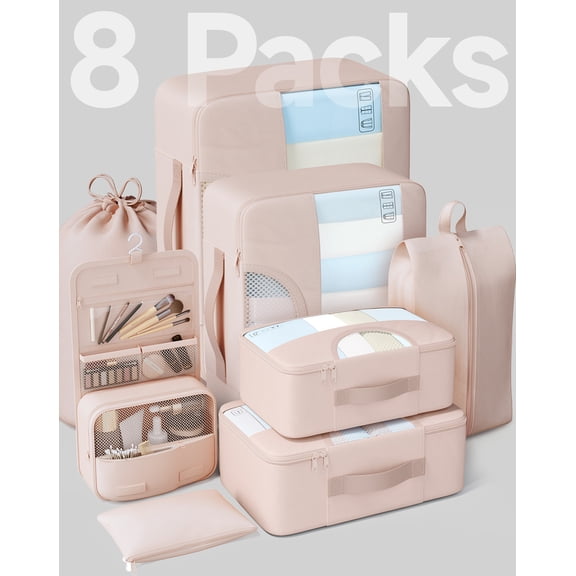 Veken 8 Set Packing Cubes for Travel, Beach Vacation Essentials Accessories, Suitcase Organizer Bags for Luggage with Hanging Toiletry & Shoe Bag, Birthday Gifts for Women Mom Her