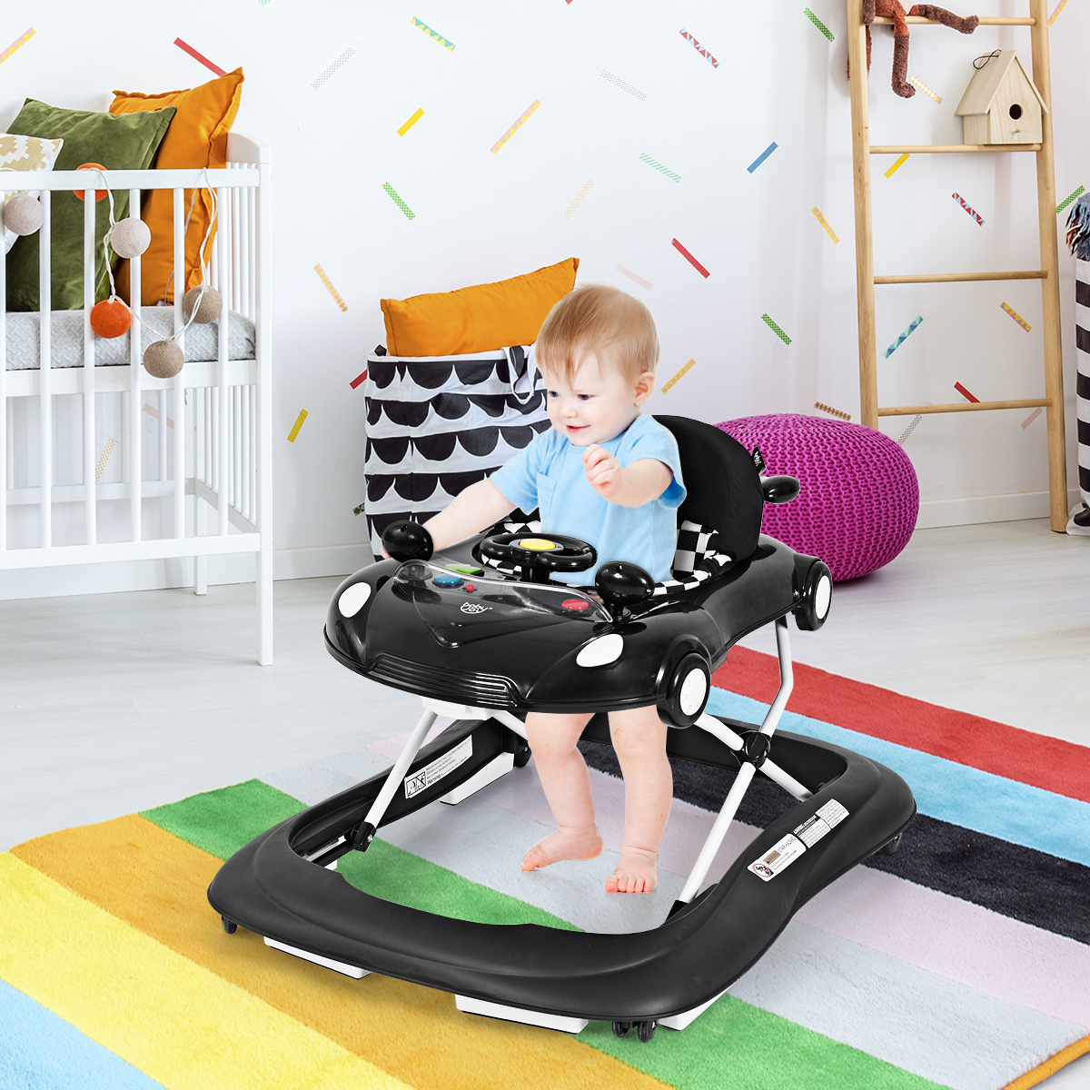 Infans 2in1 Foldable Baby Walker w/ Adjustable Heights & Lights Black