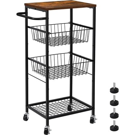 Rolling Storage Cart 4 Tier Kitchen Cart on Wheels Metal Mobile Utility Cart with Storage Basket Shelf Bathroom Organizer Cart with Handle Pantry Trolley Cart with Tabletop for Home Office
