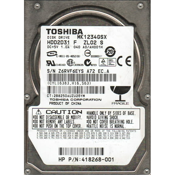 MK1234GSX, A0/AH001H, HDD2D31 F ZL02 S, Toshiba 120GB SATA 2.5 Hard Drive