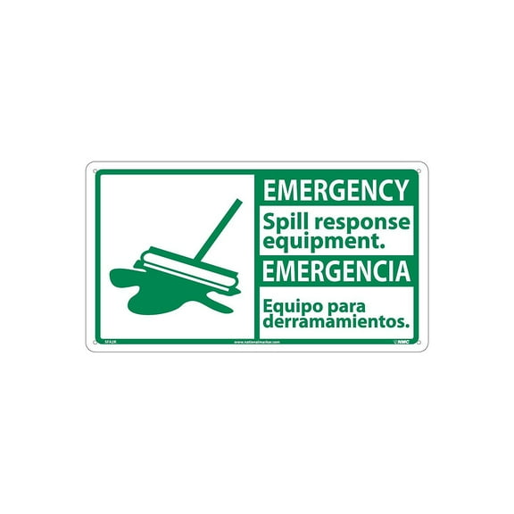 National Marker Safety First Emergency Spill...(Bilingual W/Graphic) 10X18 Rigid Plastic Notice Sign