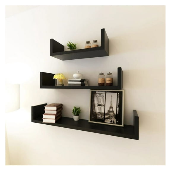 Black Floating Shelves Set of 3 - U-Shaped Wall Display Shelves for Books, Collectibles, & Decor - Modern Wall Storage for Living Room, Bedroom, Office