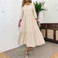 thumbnail image 5 of WTOBBY Women's Fashion Solid Color Notched Lapel 3/4 Sleeve Swing Dress, Casual Flowy Midi Dress with Wide Skirt for Spring Summer Elegance,Beige L, 5 of 7