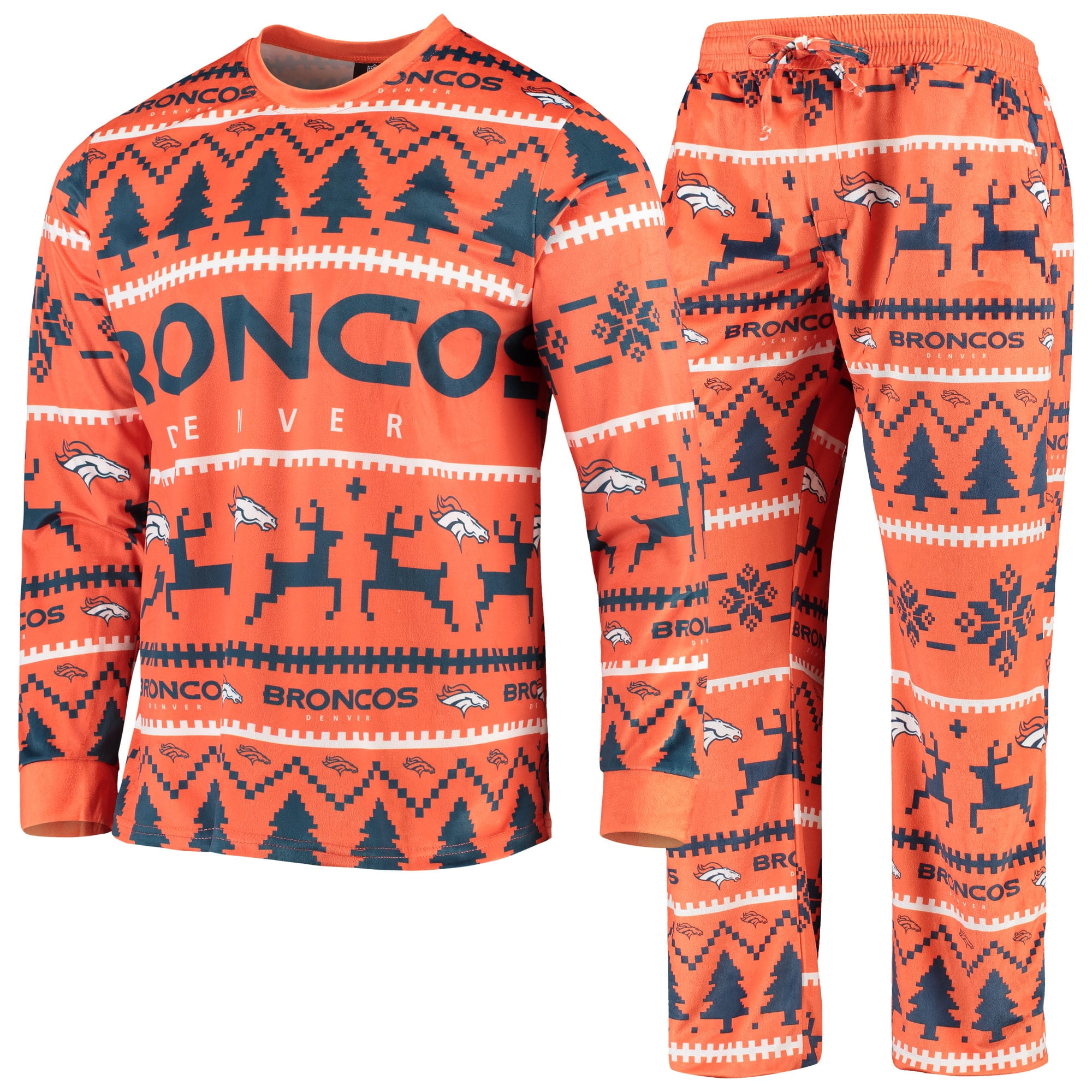 Denver Broncos Holiday Wordmark Ugly Pajama Set Orange