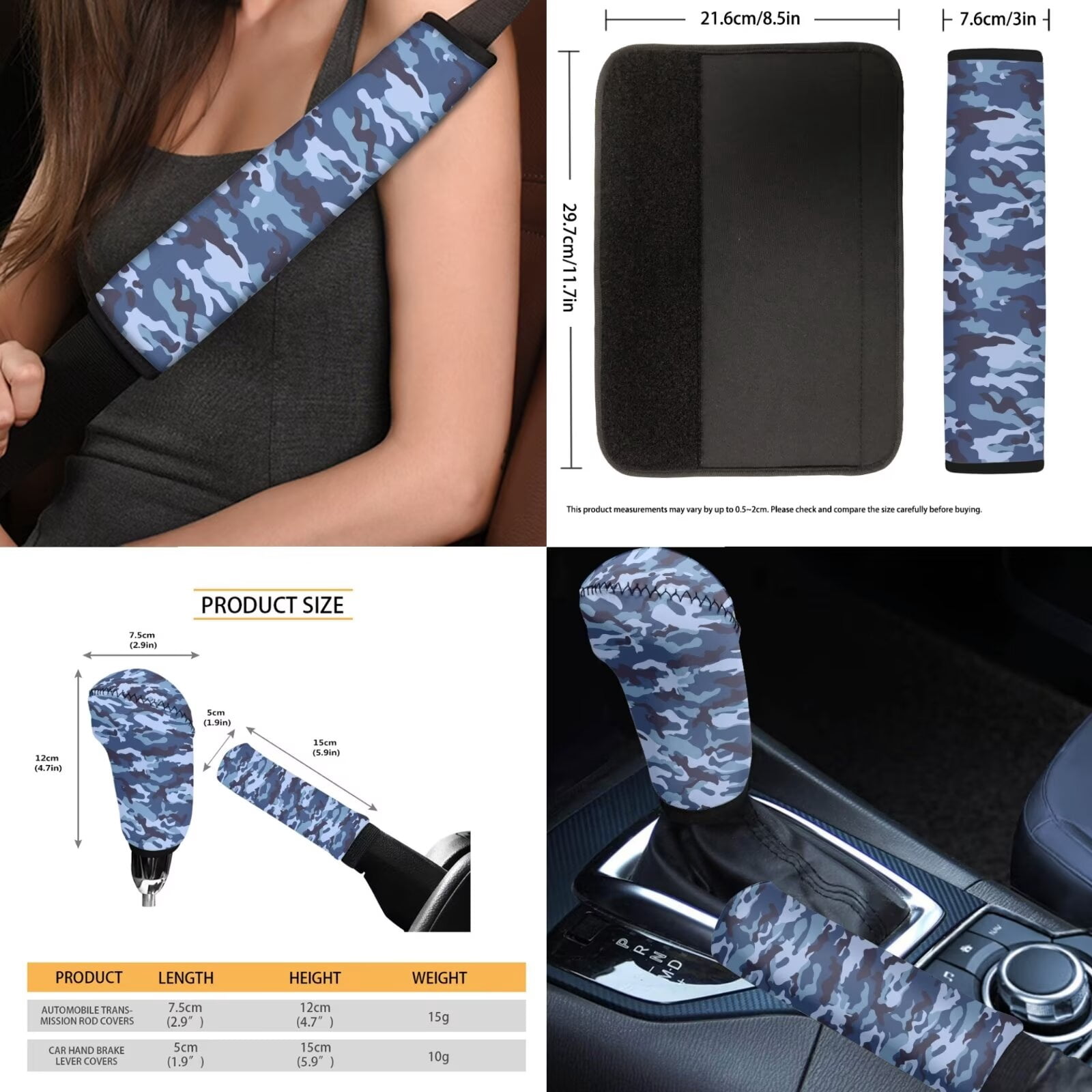 FKELYI Camo Blue Print Car Seat Covers with Steering Wheel Cover Seatbelt Pads Cover Cup Coaster Armrest Pads Hearest Cover Anti-Slip Gear Shift Knob Sleeve, 16 Pcs Car Interior Set
