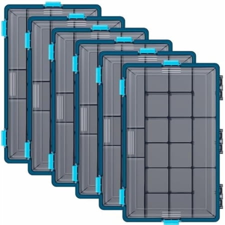 GOLRISEN 6 Pack Fishing Tackle Boxes Waterproof 3600 and 3700 Tackle Trays with Removable Dividers Plastic Storage Organizer Bait Vault Camouflage Box for Freshwater Saltwater (Blue 3700)