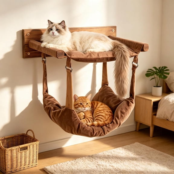 Wall Mount Wooden Double Layer Cat Hammock, Cat Wall Furniture, Cat Climbing Perch Bed