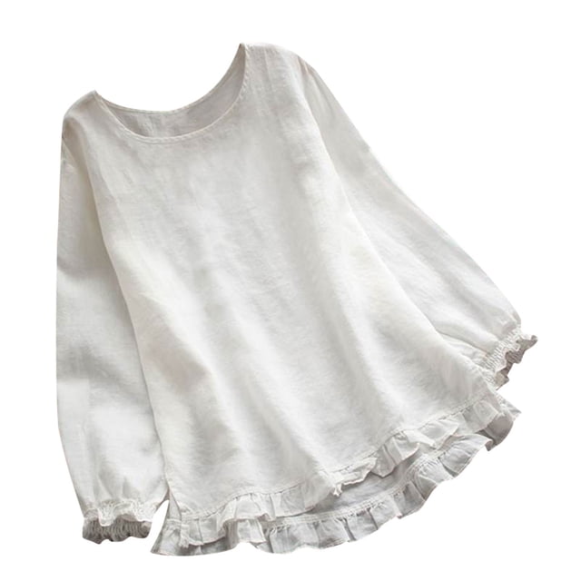 Blusa de cuello redondo de manga larga con volantes sólidos de lino suelto informal de moda de verano para mujer Pompotops FGAJ1923