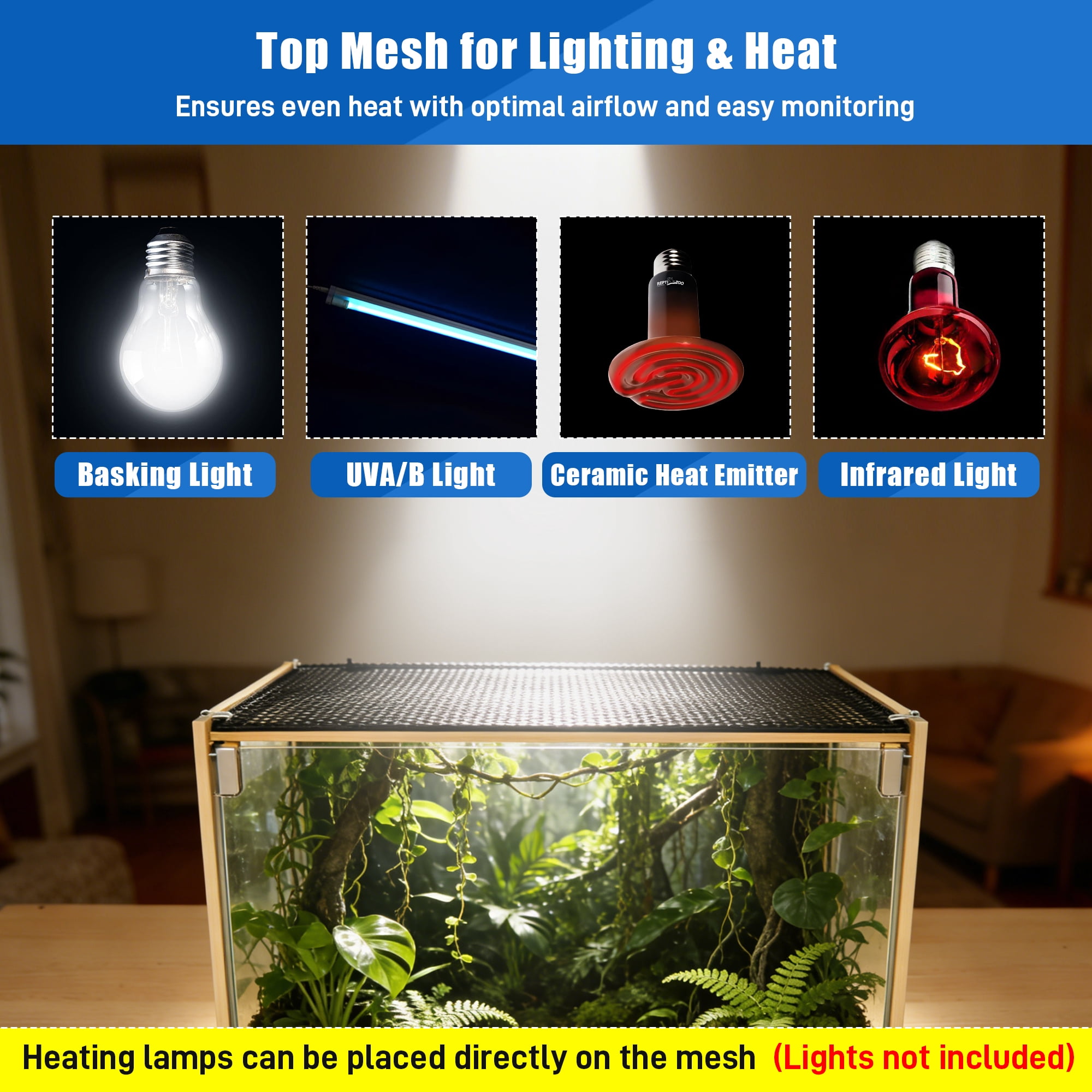 Reptile Terrarium Enclosure Bearded Dragon Tank 30Gallon, 24*16*16inch Tempered Glass Front Opening Reptile Snake Tank Enclosure Cages with Wood Frame & Metal Mesh Top for Gecko Lizard Spider Turtles