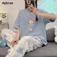 thumbnail image 2 of Pijama de algodón de dibujos animados para mujer, ropa de dormir de manga corta, pantalones largos, moda coreana, ropa de casa con estampado de conejo, verano, nuevo, 2 of 4