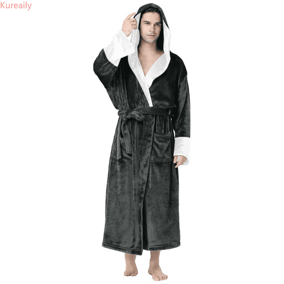 Kureaily Male Casual Solid Patchwork Hooded Leisure Wear Drawstring Three Quarter Sleeve Bathrobe Pajamas Mens Sets Loungewea