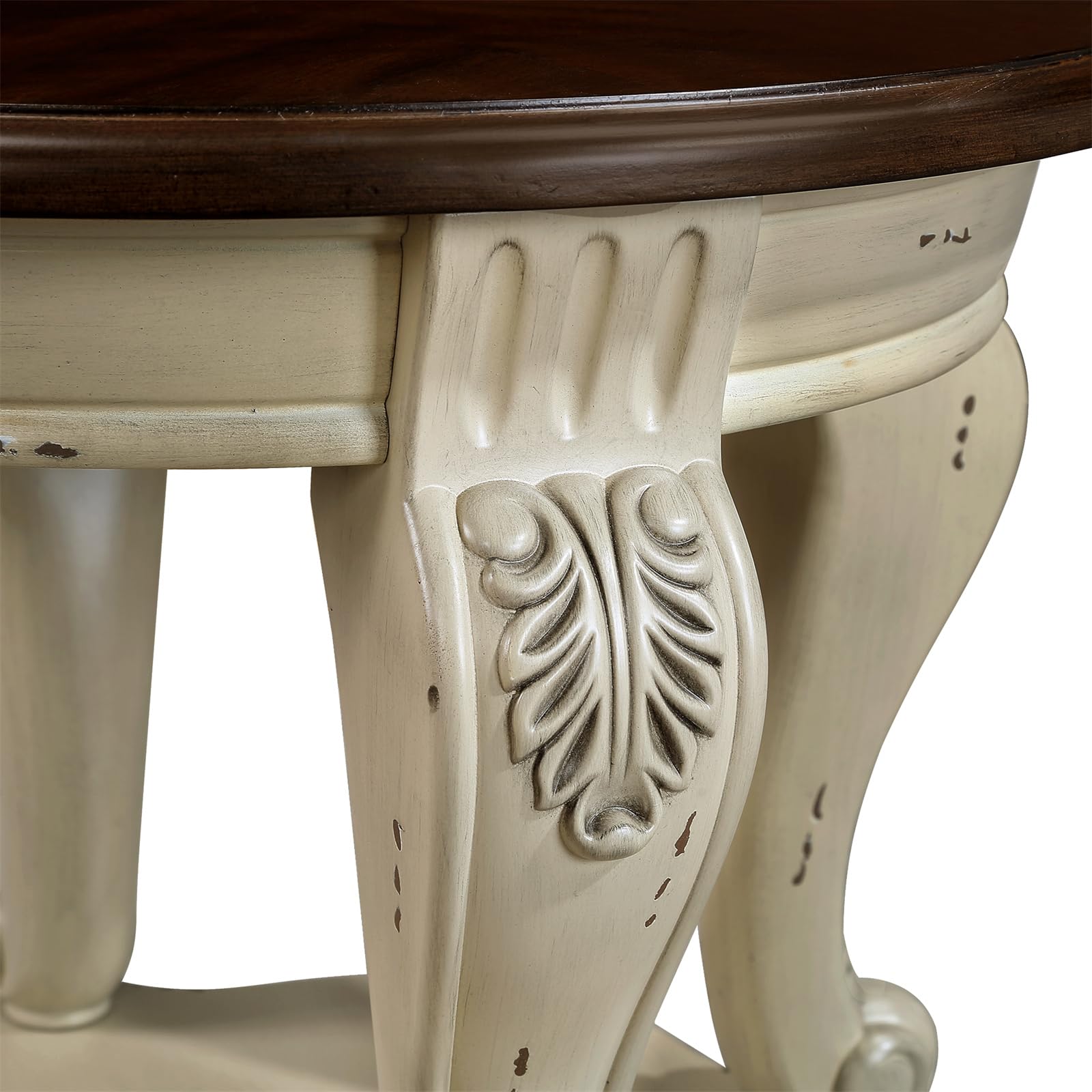 22" Two-Tone Round End Table - Solid Wood Side Table with Shelf & Carved Legs for Living Room, Vintage Style in Beige and Espresso