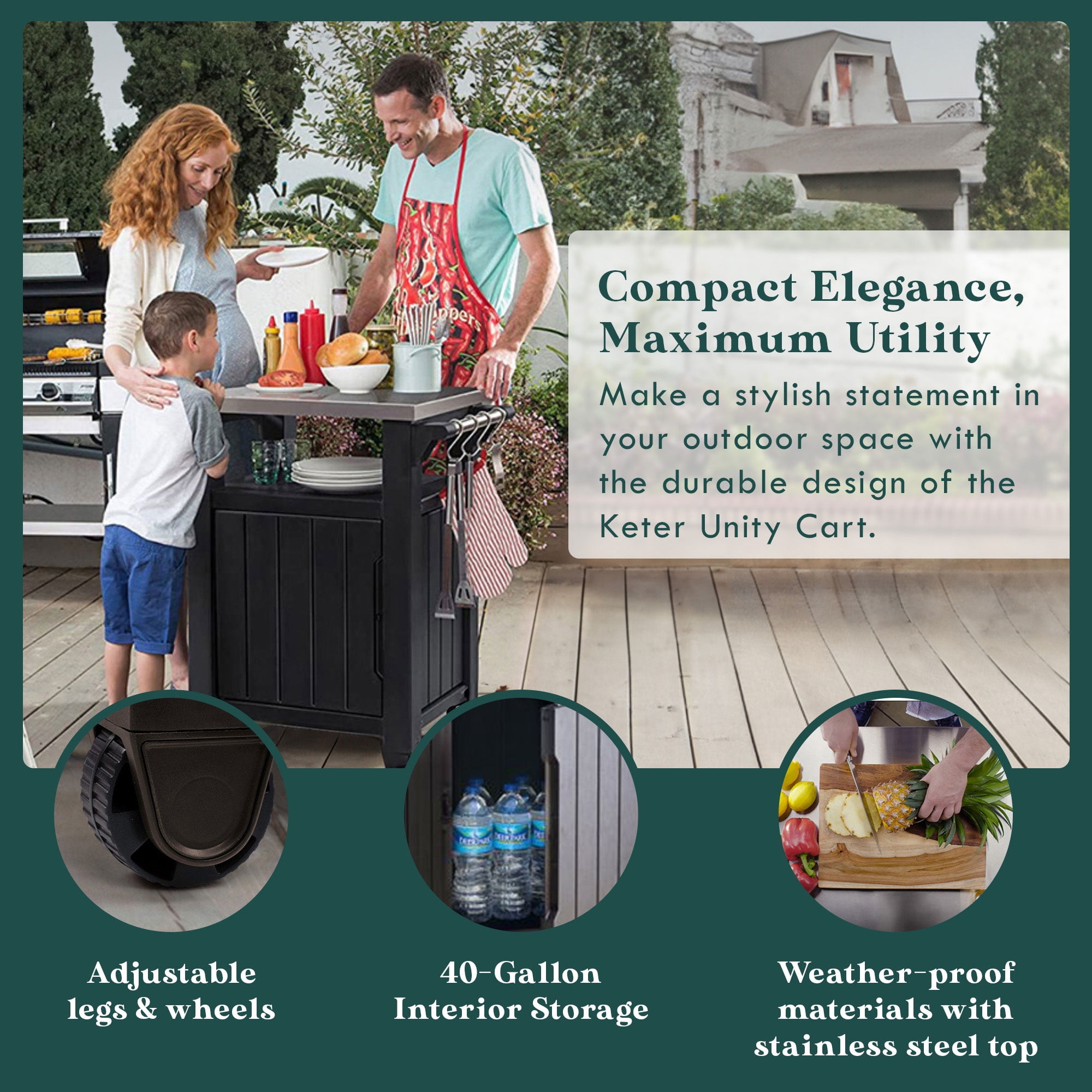 Keter Unity 40 Gal Grilling Bar Cart w/ Circa 37 Gal Round Deck Box, Brown