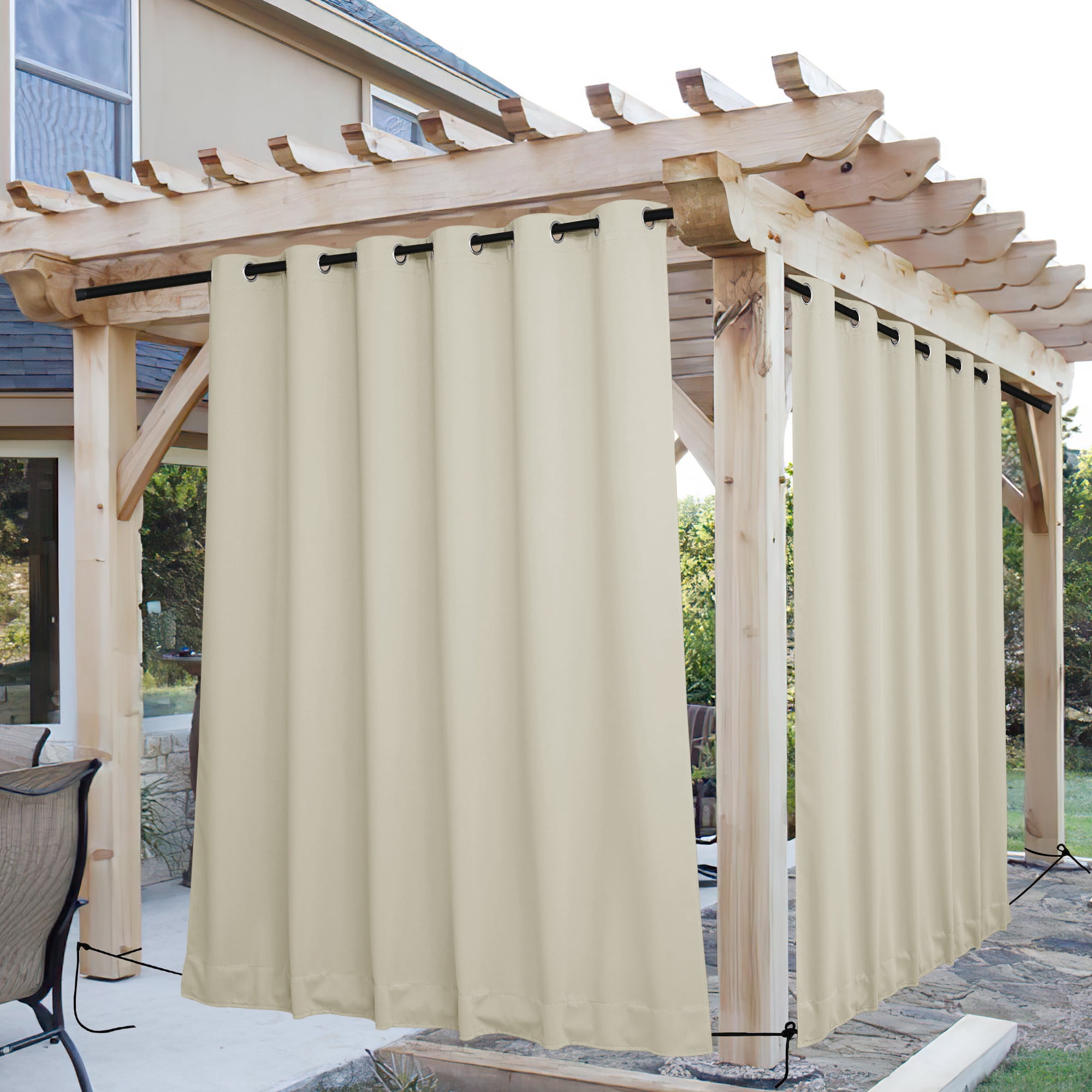 NICETOWN Extra Wide Outdoor Curtains 2 Panels Waterproof & Windproof Blackout Top Grommet & Bottom Backtab Drapes for Pergola with Fixed Rope, W84 x L95, Beige