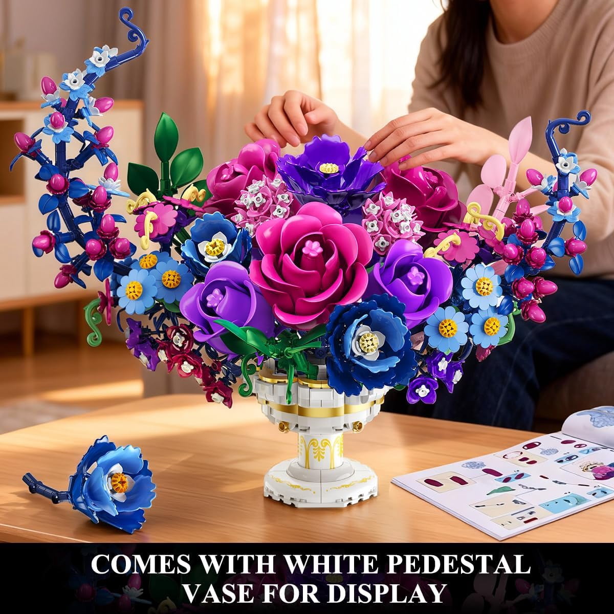 TERRAMUS Moon Flower Bouquet Building Set with LED Light, 1274 Pcs Crescent Shape Floral Building Kit, Lunar Flower Display Model Blocks Toy for Ages 12+