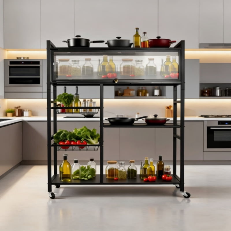 Kitchen Storage Rack with Acrylic Flip-Top Doors, Multifunctional Kitchen Storage Shelf with Baskets, Rolling Utility Serving Cart for Kitchen Garage