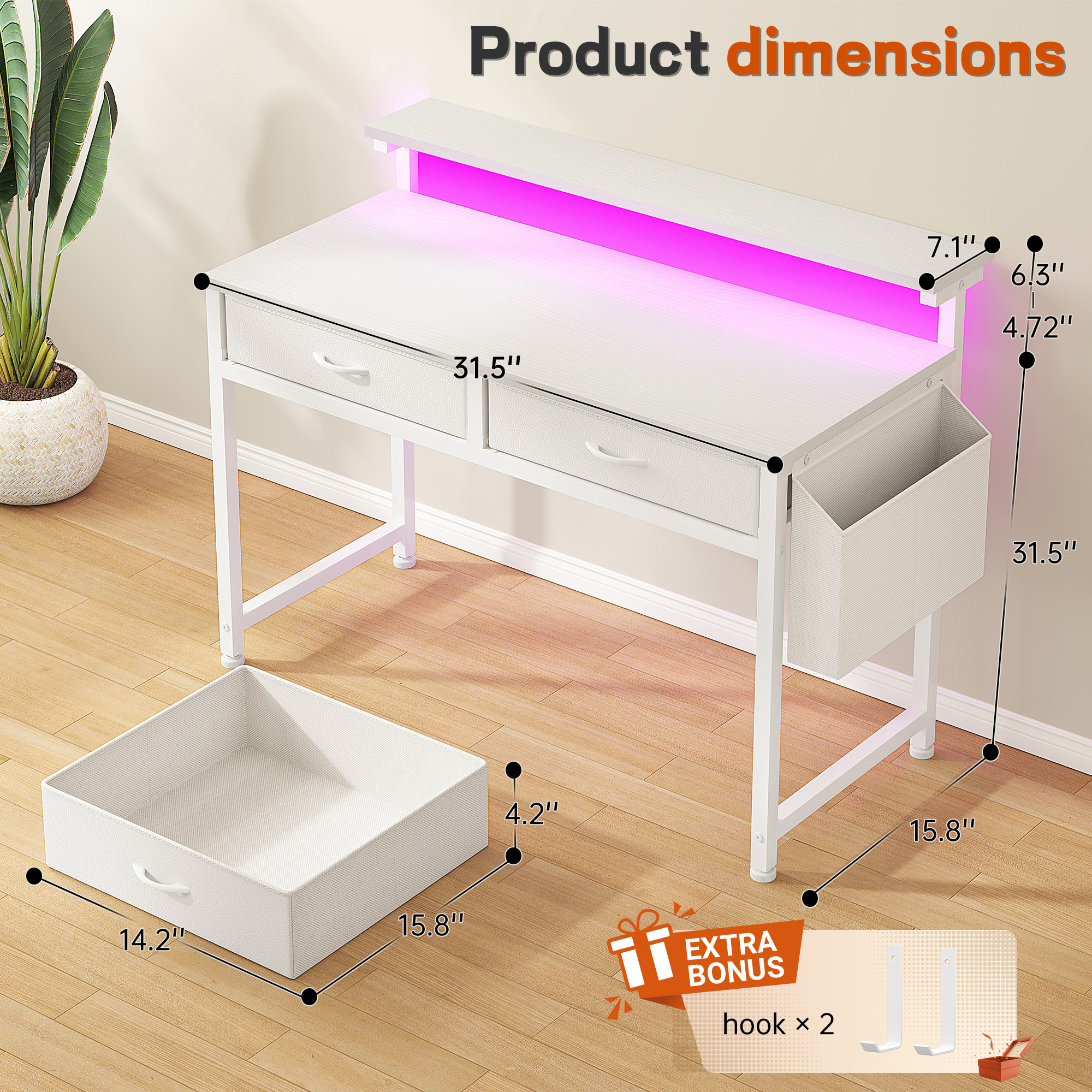 Romorgniz Computer Desk with LED Lights, Drawers and Monitor Stand photo 6