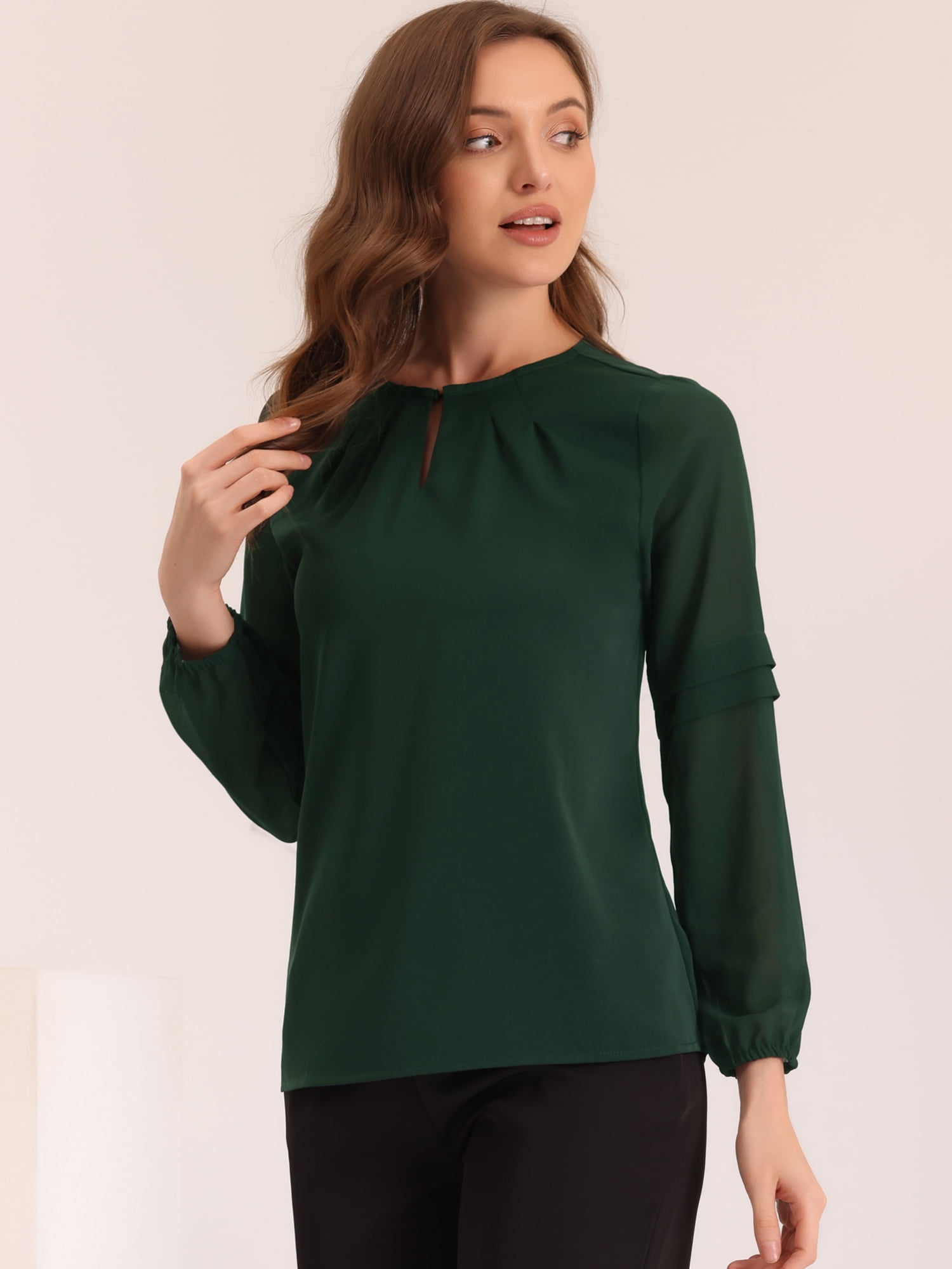 DARING DIVA Chiffon Semi Sheer Long Sleeves Keyhole Neck Blouse L Army Green