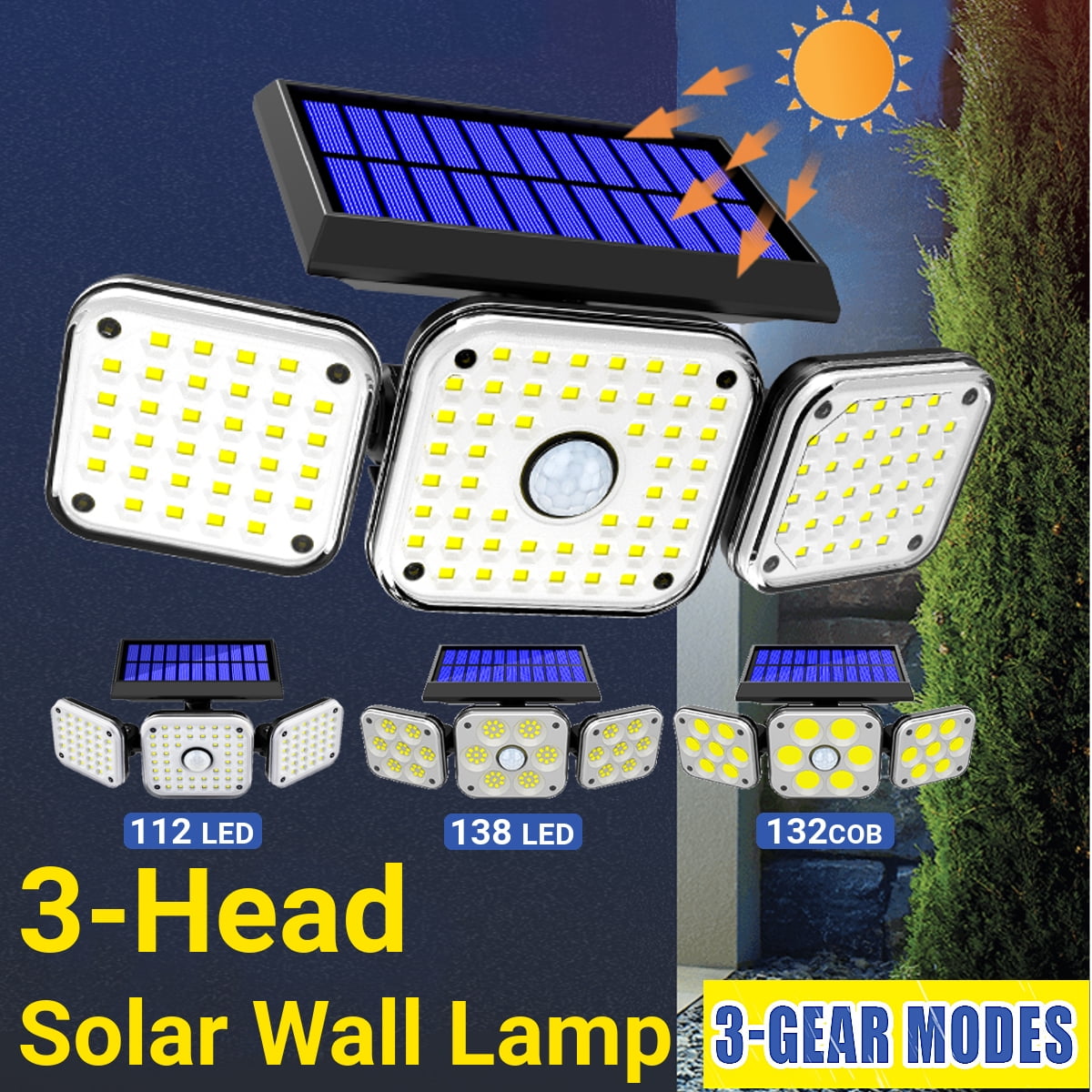 138LED Solar Security Wall Lights 3 Head Motion Sensor Flood Spot Lamp Outdoor