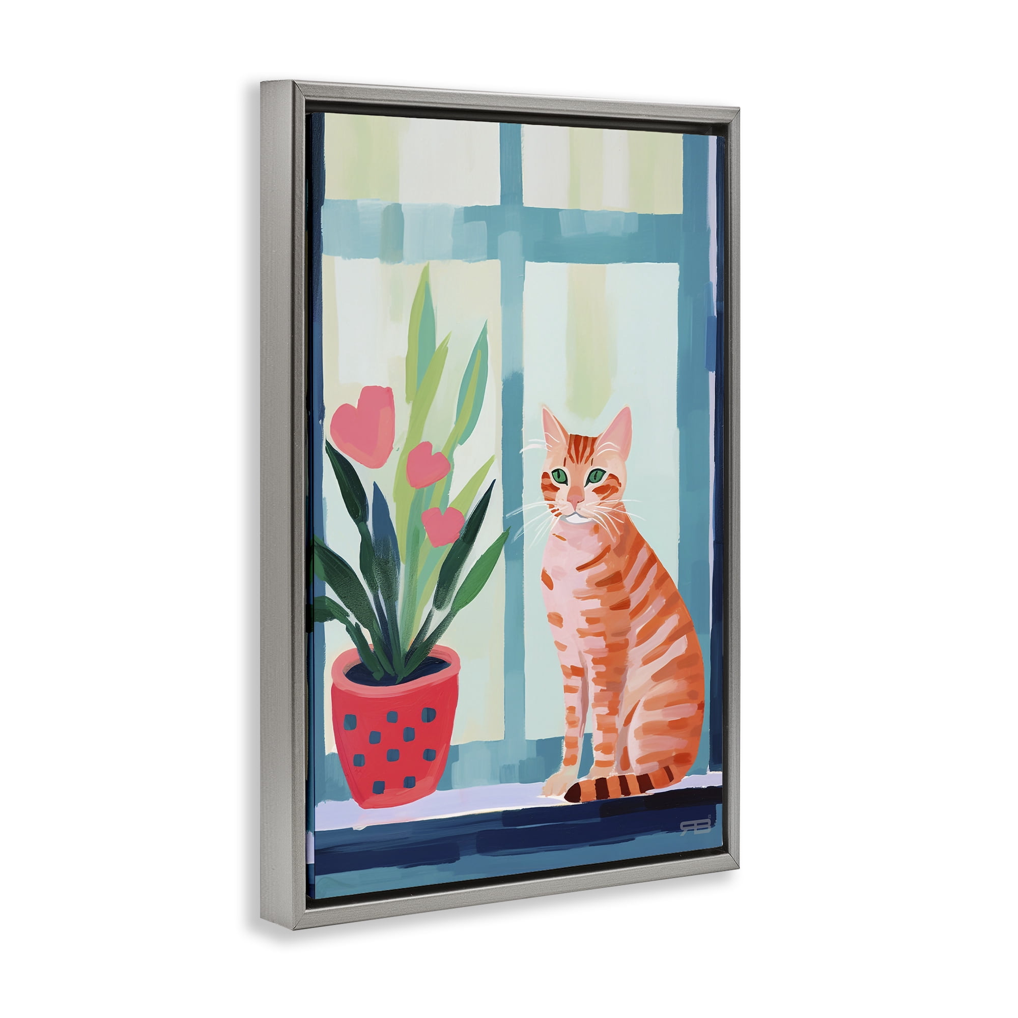 Stupell Industries Cat & Tulips in Windowsill Animals & Insects Painting Gray Floater Framed Canvas Art Print Wall Art, 21 x 31