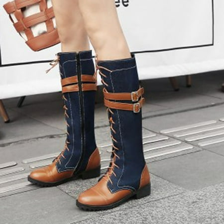 

TUTUnaumb Autumn & Winter Hot Sale Clearance Women S Fashion Plus Size Belt Buckle Boots Stitching Denim Square Heel Boots Boots and Shoes-Brown