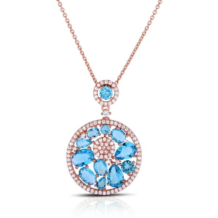 Blue and White CZ Rose-Plated Sterling Silver Pendant