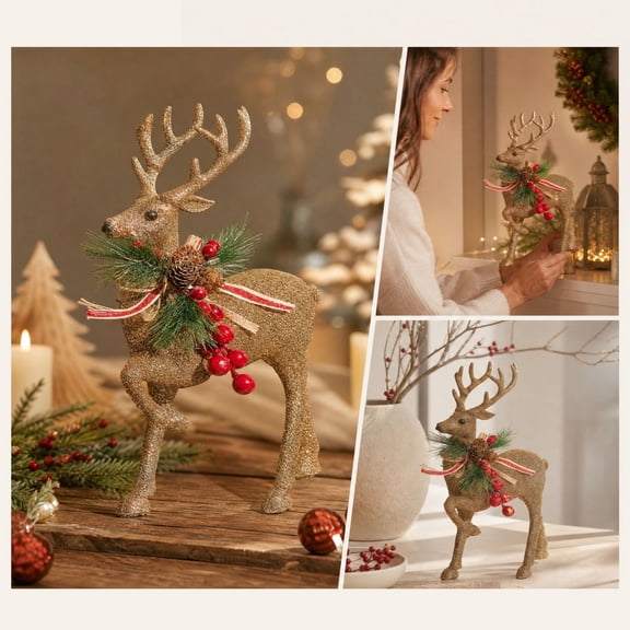 Christmas Glitter Reindeer Figurines,Gold Deer Christmas Decor,Christmas Deer Decorations Indoor,Venados De Navidad,Reindeer Christmas Decoration,Christmas Deer Figurines
