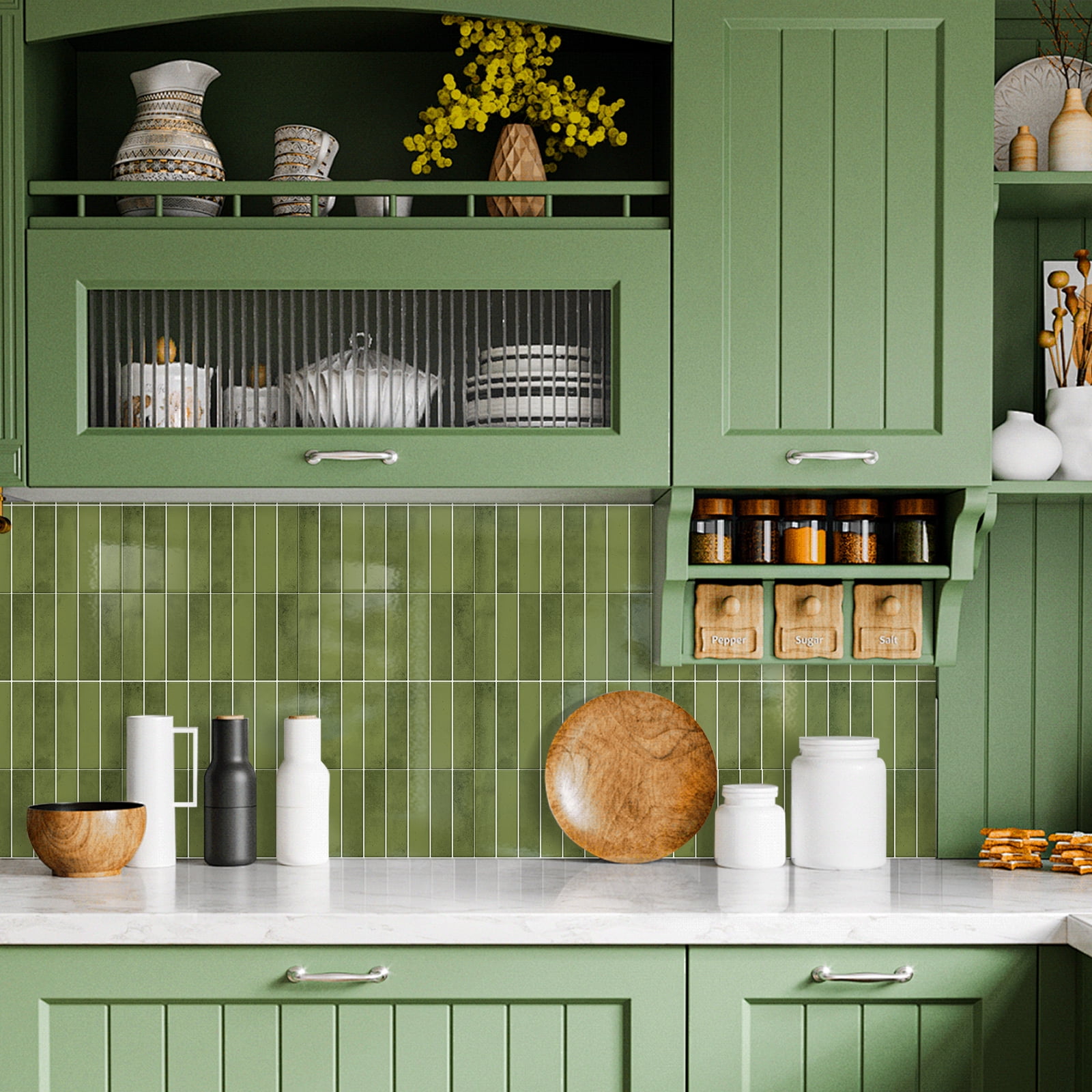 DEWOO 10 Sheet Thicker Peel and Stick Backsplash Tile,3D Self Adhesive Wall Tiles Stick on Backsplash for Kitchen,Bathroom,Camper (12"×12",Grass Green)