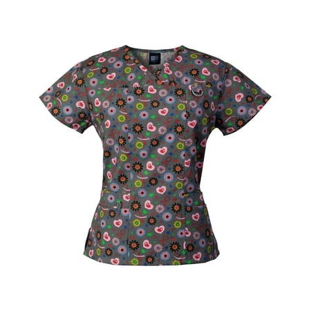 Medgear Womens Printed Scrub Top, ID loop & 4 Pockets Fashion Medical Uniform