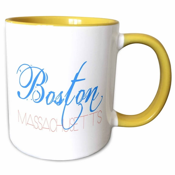 3drose, American Cities - Boston Massachusetts Red and Blue on White, 15oz Two-tone Yellow Mug