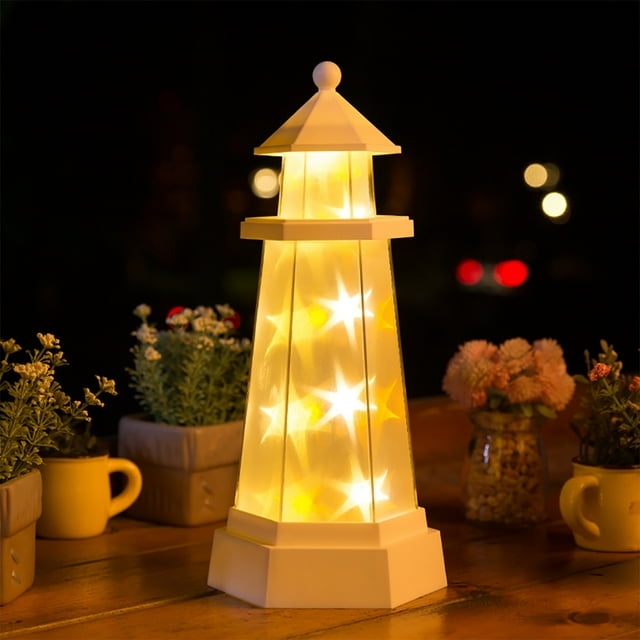 LaMuseCybèle Lighthouse Night Lights Gift with Lookout Platform,White Winter Warm Light Lamp for Badroom Décor