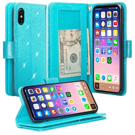 Galaxy Wireless USA Leather Wallet Case for iPhone XS with Kickstand, Blue