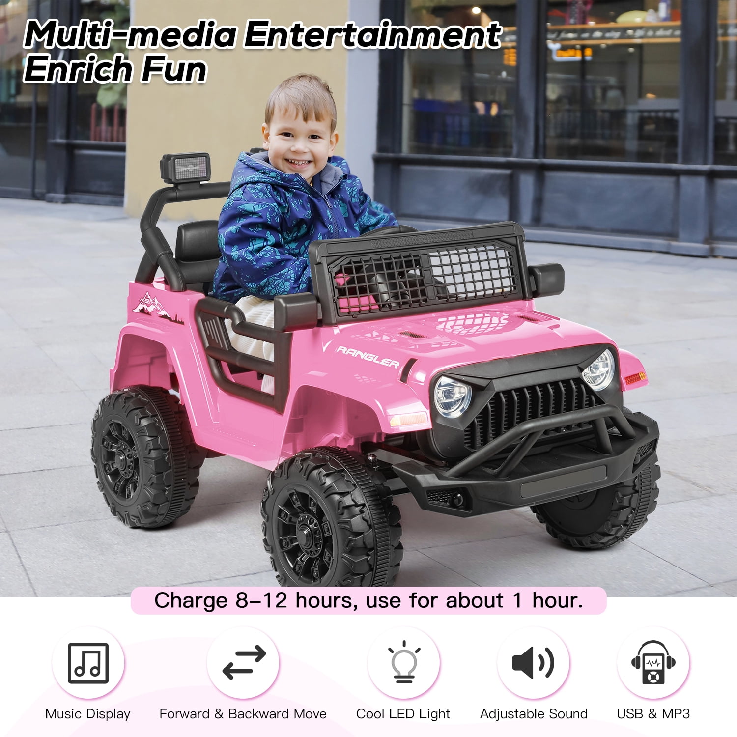 Erinnyees Ride on Jeep Car 12V Kids Electric Vehicles with Parent Remote Control, Safety Belt,Forward and Reverse Functions,Battery Powered,Spring Suspension,Music and Lights-Pink