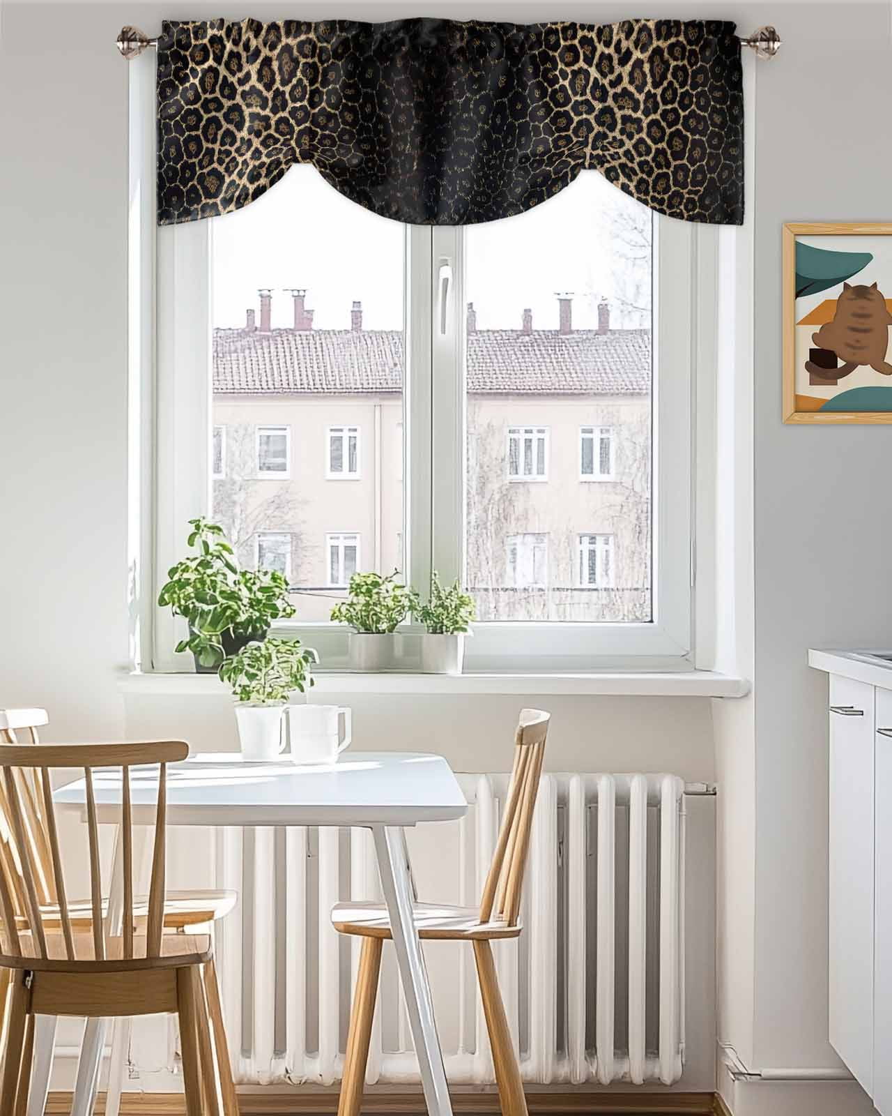 Leopard Print Tie Up Valances Curtain, Dot Gradient Texture Kitchen Valances for Windows Decor, Rod Pocket Short Curtains Set for Bedroom/Bathroom, 60"x18"